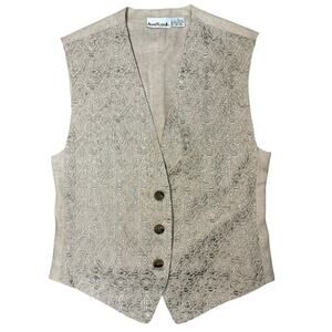 Anne Klein II 100% Linen Embroidered Vest, Size 4 | Beige/Taupe Sleeveless Top